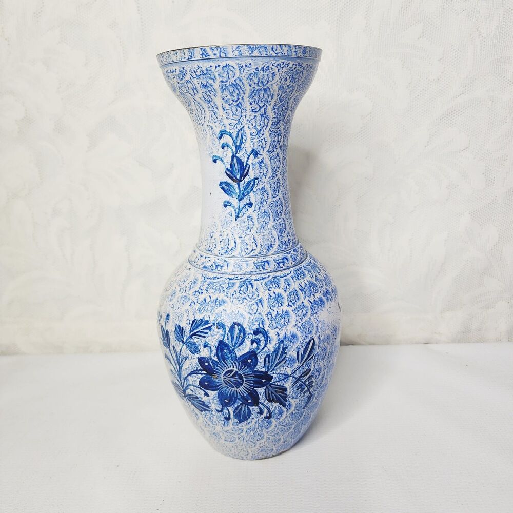 Mid Century Hand Painted Brass Vase Blue / White